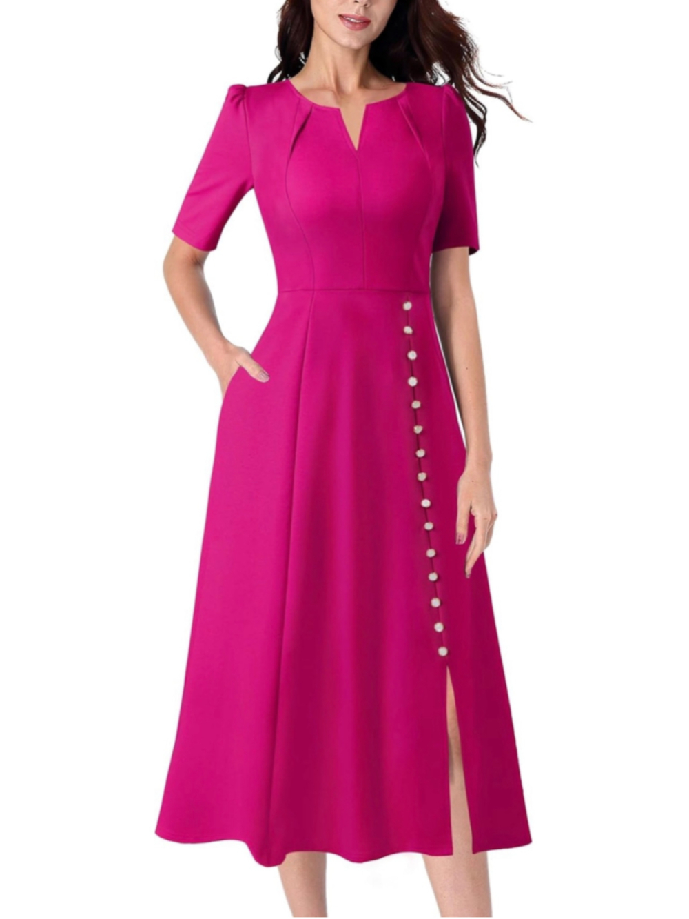 NEW VFSHOW Pleated Notch V Neck Pockets Buttons Career A-Line Midi Dress S